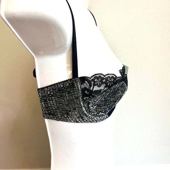 Vintage Lily of France NWT Demi Lace Bra in Metallic Silver and Black Lace - Picture 6 of 15
